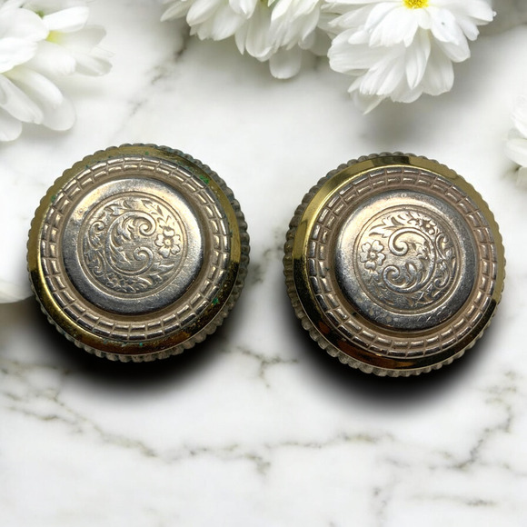 Vintage 1970s Oversized Stamped Metal Clip On Button Earrings Couture Runway - Picture 1 of 5